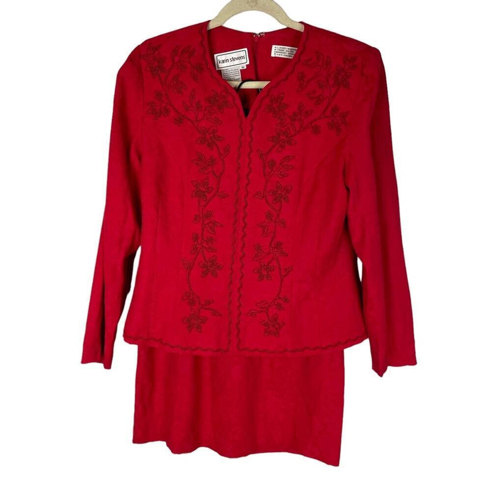Vintage 80s Karin Stevens brocade floral embroidered two piece skirt suit